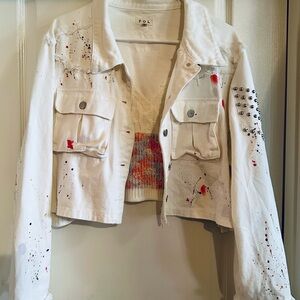 POL Women's White Denim Jacket with Artistic Accents